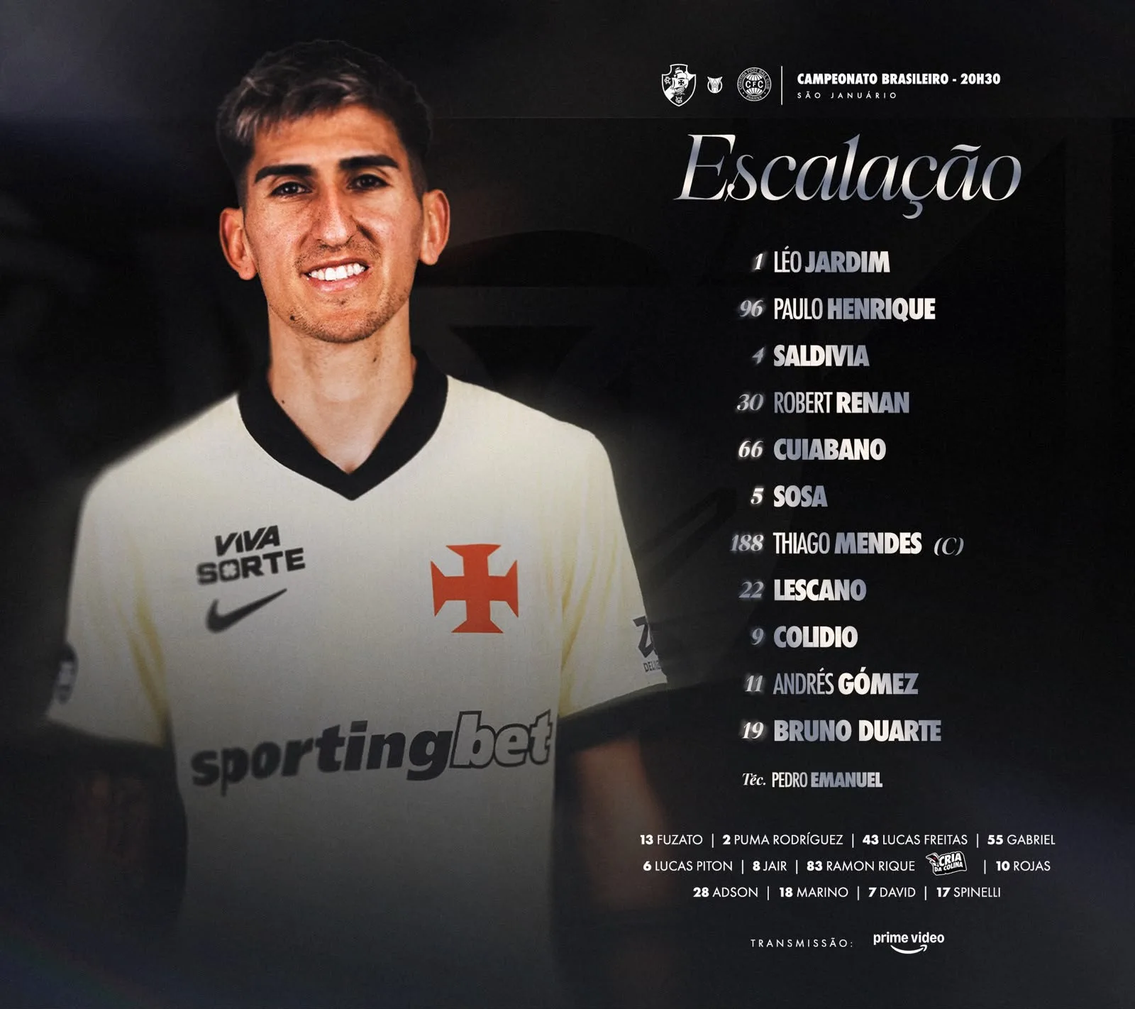 Vasco escala Lescano pela primeira vez como titular contra o Coritiba