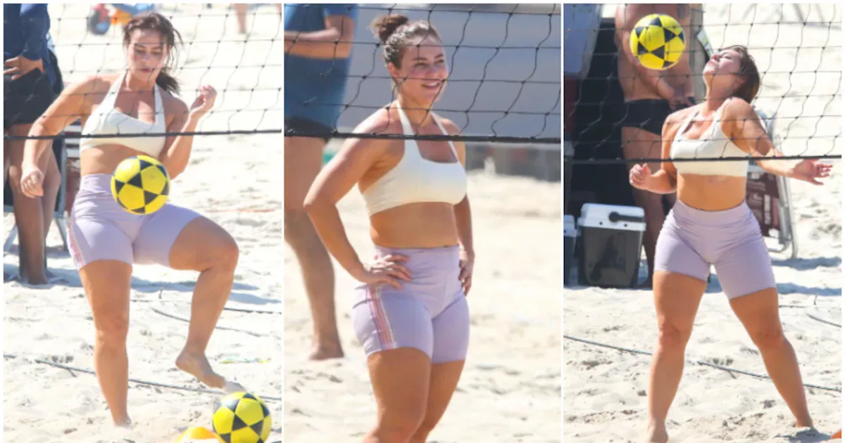 Paolla Oliveira treina futvôlei na praia da Barra da Tijuca