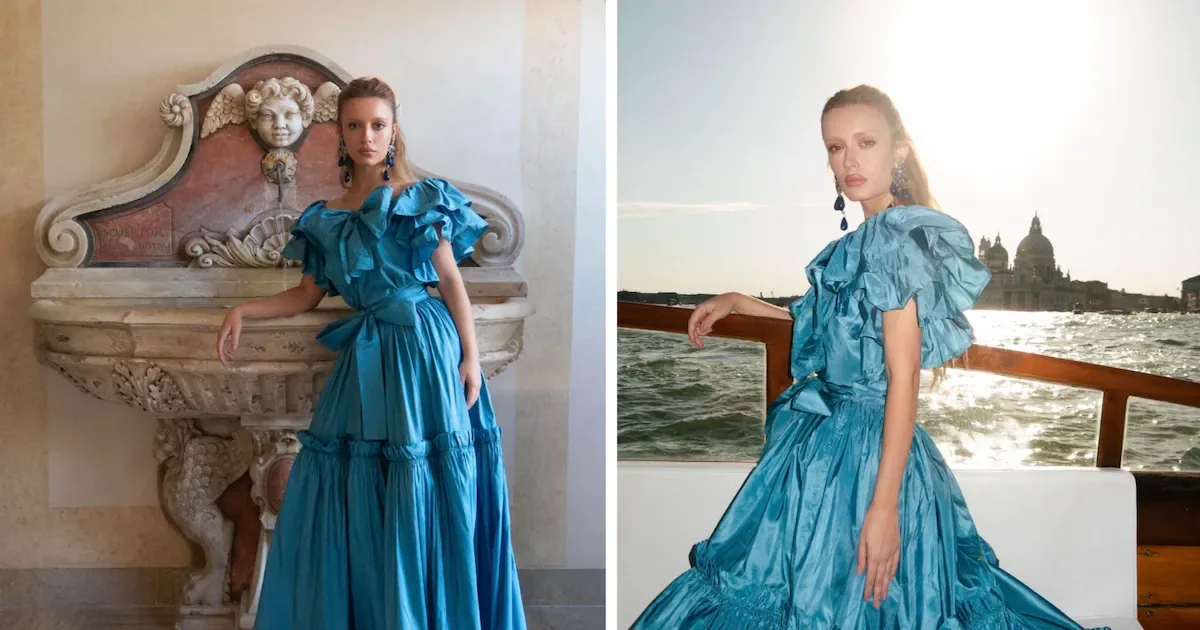 Maria Braz usa criação vintage de Yves Saint Laurent em Veneza